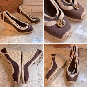 TORY BURCH $249 Brown Canvas Heel Wedge Espadrille 8.5 EUC